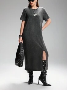 SHEIN EZwear Váy thun dài giặt axit cỡ lớn cỡ lớn Váy thun dài thường ngày - màu đen - Xem 4