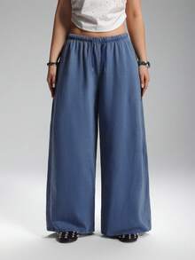 SHEIN EZwear 大码休闲家居风格柔软舒适蓝色运动裤 - 藍色 - 查看 1