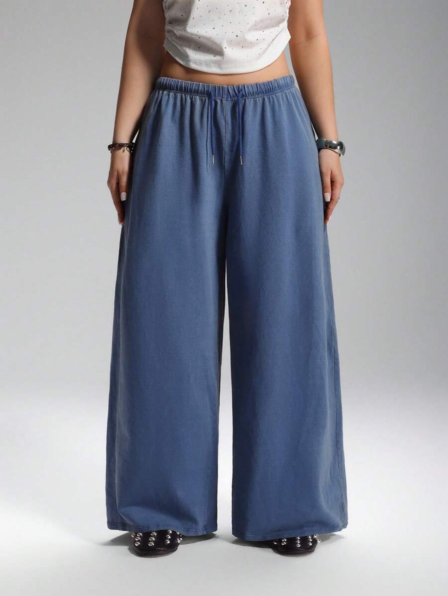 SHEIN EZwear 大码休闲家居风格柔软舒适蓝色运动裤 - 藍色 - 查看 1