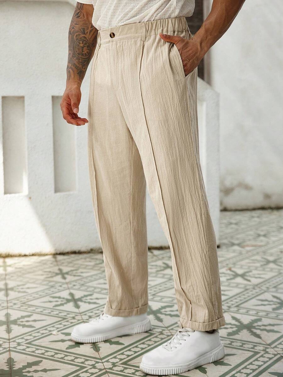 Manfinity Homme Pantaloni casual in lino da uomo taglie forti, con cuciture frontali, colore tinta unita, adatti per l'autunno - Cachi - Visualizzare 1