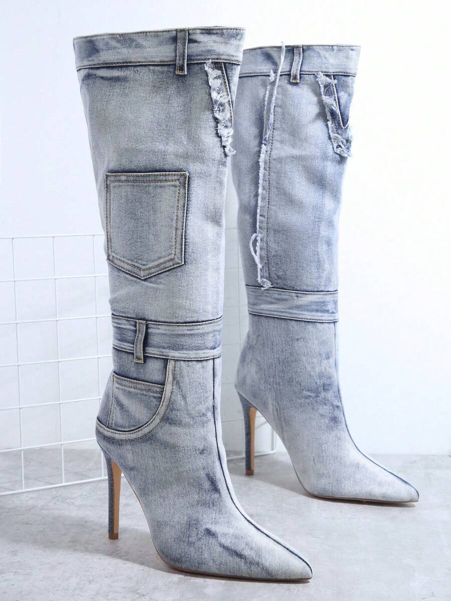 SHUZIA Bottes En Jean Pointu À Talons Aiguilles - Bleu ciel - Voir 1