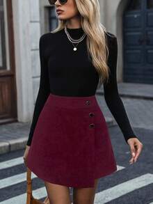 SHEIN LUNE Women's Solid Color Fashion Criss-Cross Wrap Button Shorts Skirt - Burgundy - View 6