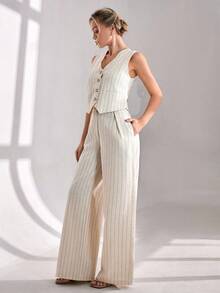 CLARA VERO 女士条纹两件套背心和裤子套装 - 米色 - 查看 4