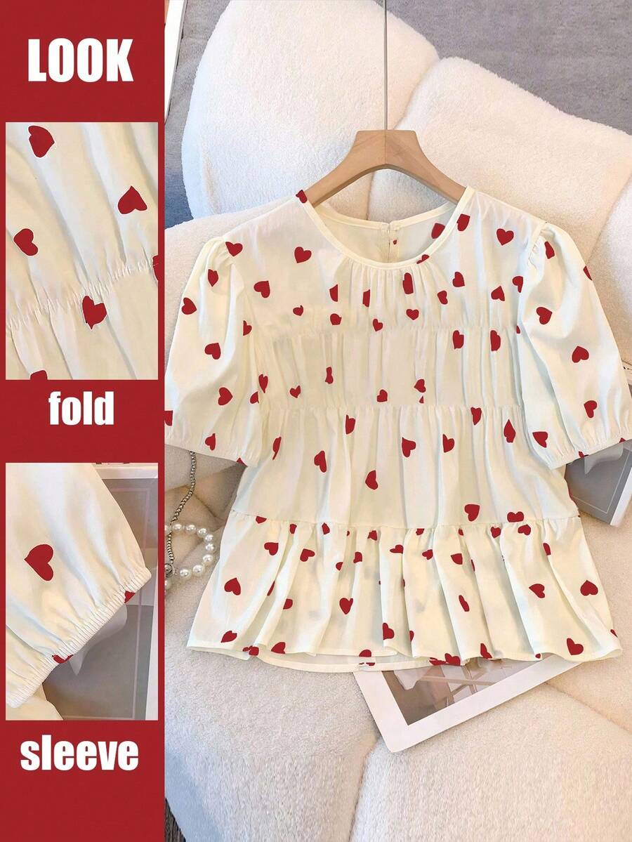 GlowEve CURVE Plus Size Heart Print Elastic Waist Ruched Round Neck Casual Shirt - Apricot - View 1