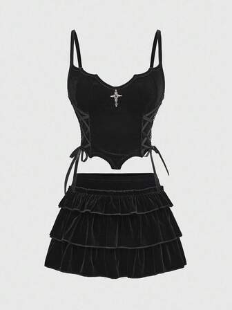 Goth Women's Fashion Punk Cross Strap Top & Mini Skirt 2 Pieces Set