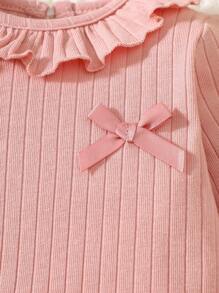 SHEIN 新生儿秋冬圆领蝴蝶结纯棉柔软舒适简约长袖上衣和裤子套装 - 粉色 - 查看 4