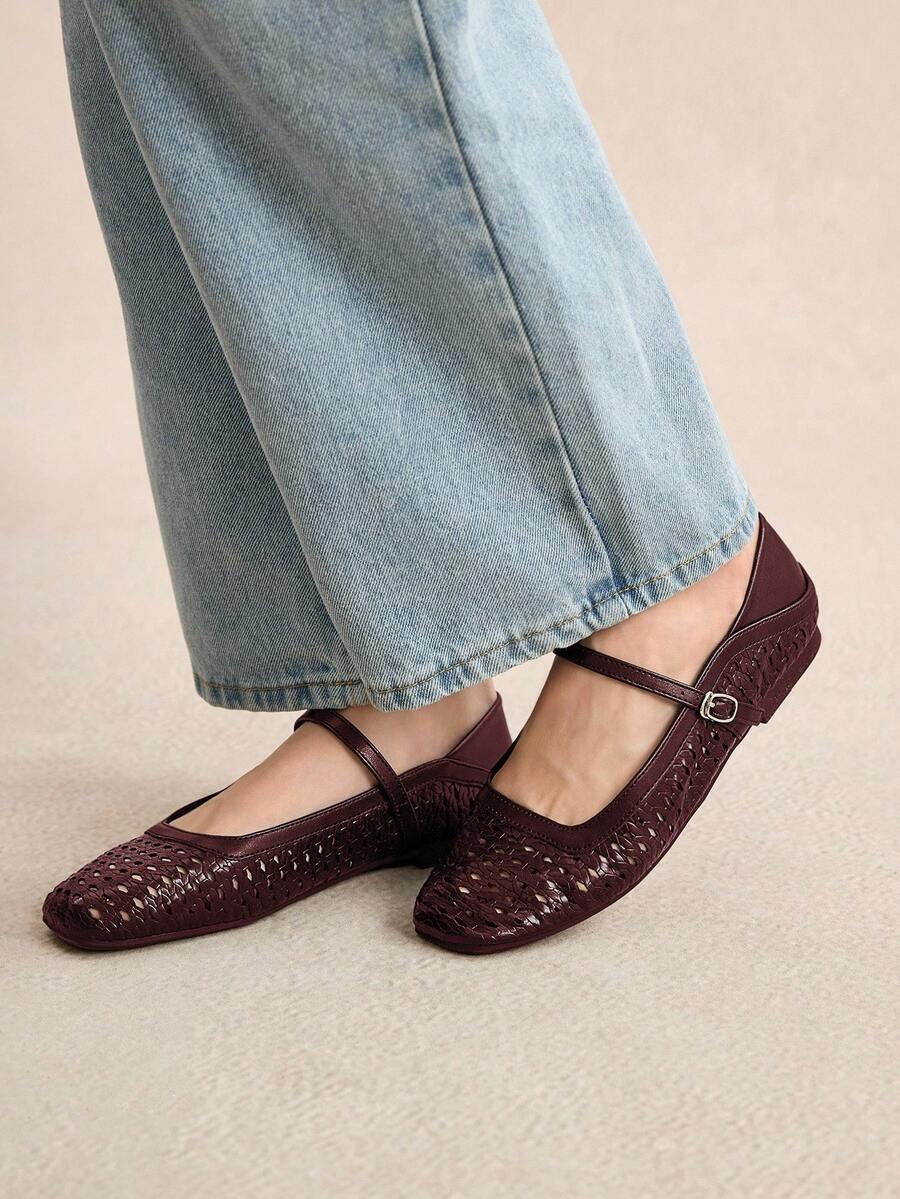 女士圆头编织+PU拼布平底一脚蹬鞋 - 酒紅色 - 查看 1
