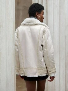 Aveloria Modichic 新款时尚加厚仿麂皮和毛皮女式摩托车夹克，复古美式风格，百搭 - 米色 - 查看 2