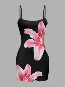 INAWLY 度假风格优雅粉红百合花印花修身黑色针织迷你连衣裙，女士沙滩装 - 白色 - 查看 1