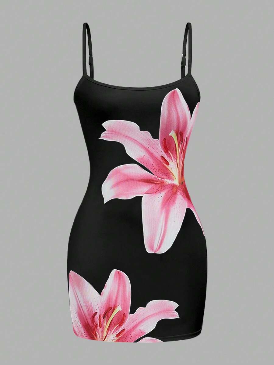 INAWLY 度假风格优雅粉红百合花印花修身黑色针织迷你连衣裙，女士沙滩装 - 白色 - 查看 1
