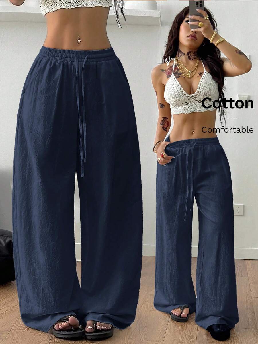 Coolane Women's Summer Country Concert Going Out Beach Outfits Boho Basic Minimalist Washed 100%Cotton White Pants Curved Hem Pants Loose Pants For Women Cotton Pants,Fall - Navy Blue - View 1
