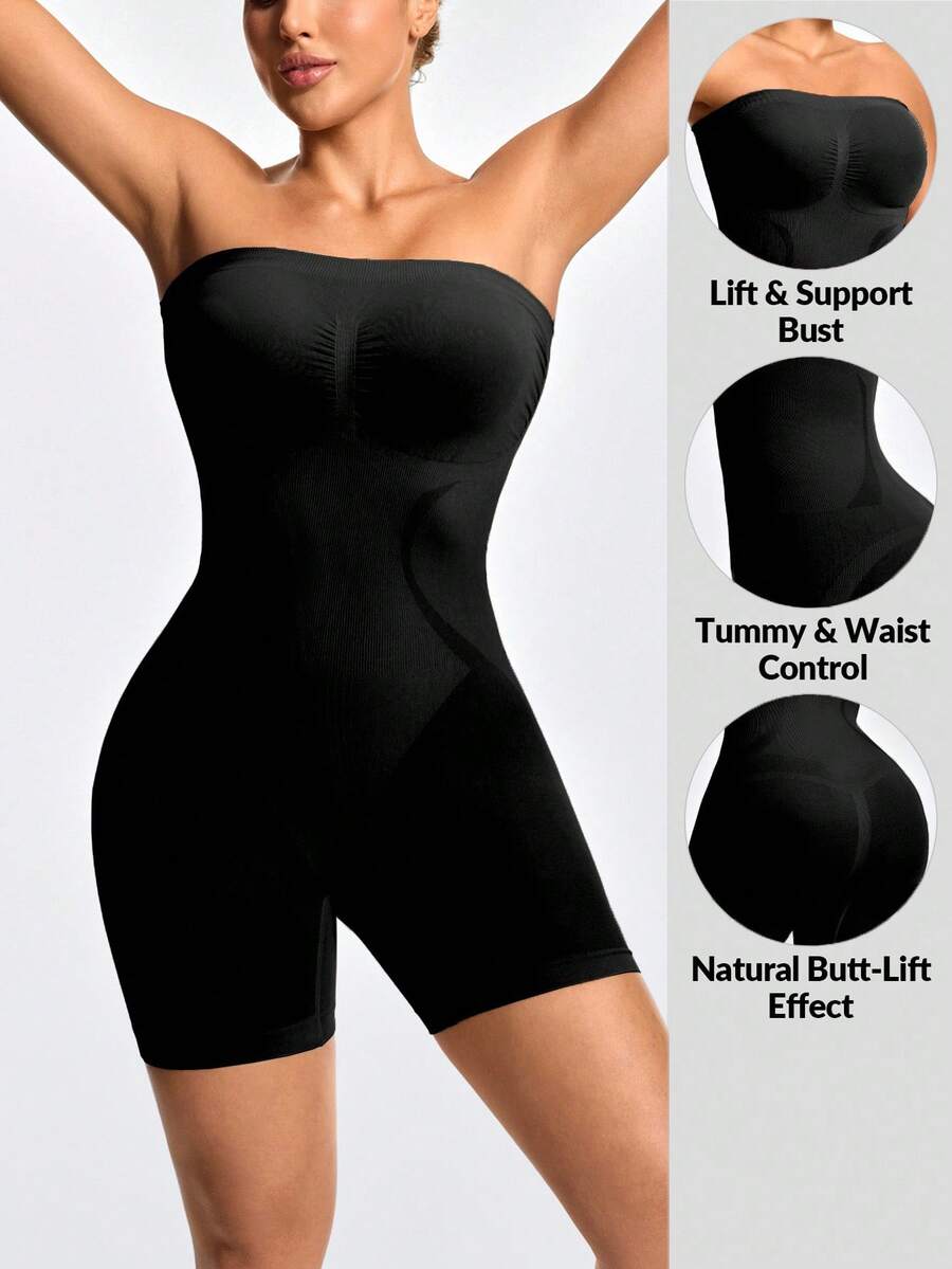 SHAPORA Women's Solid Color Seamless Bodysuit Jumpsuit - Black - View 1