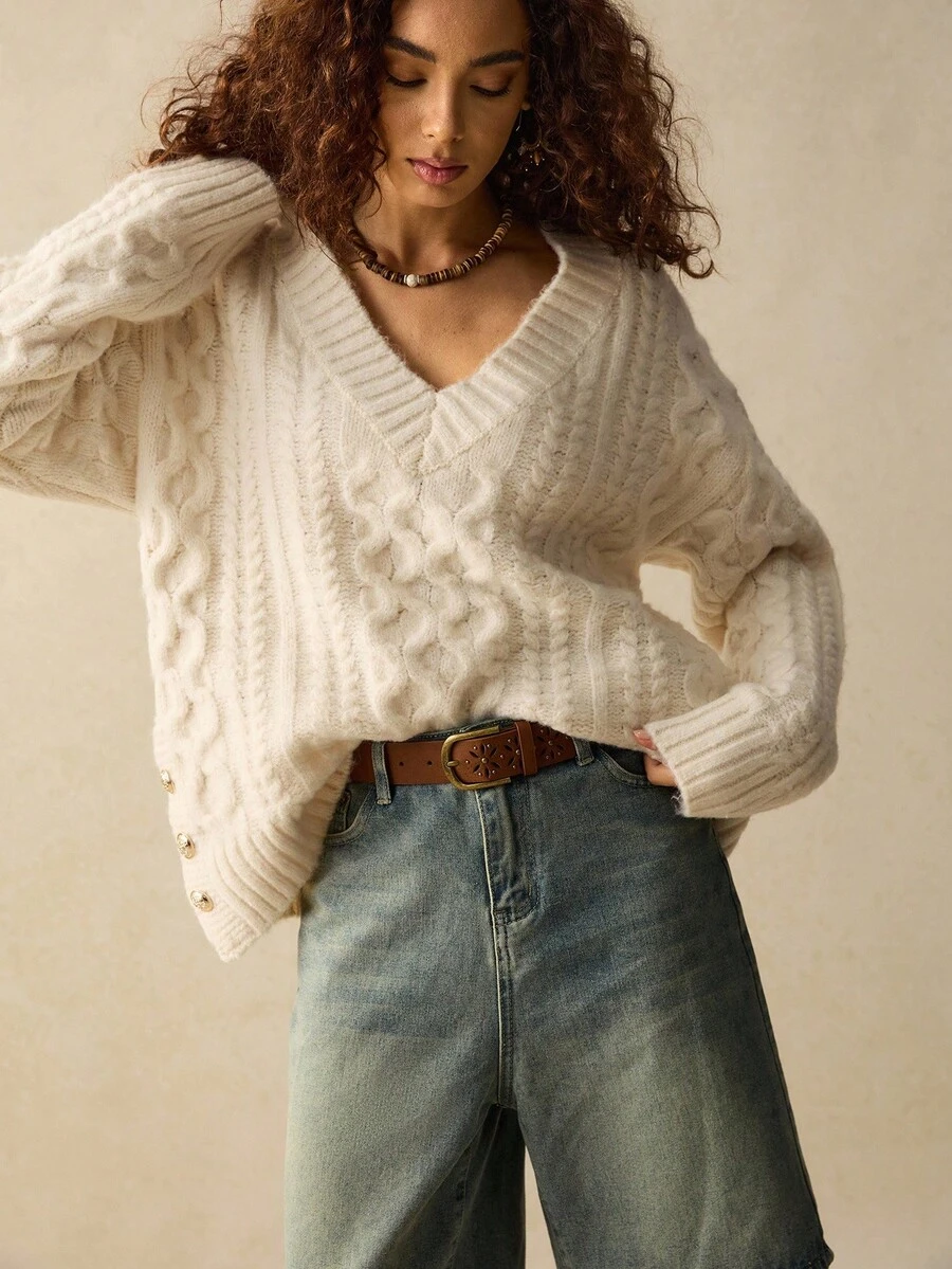 SoleilVie 女式秋季麻花图案宽松长袖毛衣 - 杏色 - 查看 1