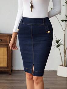 EMERY ROSE 女式修身高腰开衩下摆时尚百搭牛仔半身裙，蓝色 - 深色水洗藍 - 查看 5