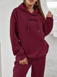 EURMUSE Sudadera con capucha y pantalón de chándal con bordado de letra, hombros caídos y cordón ajustable, de algodón - Burdeos - Ver 5