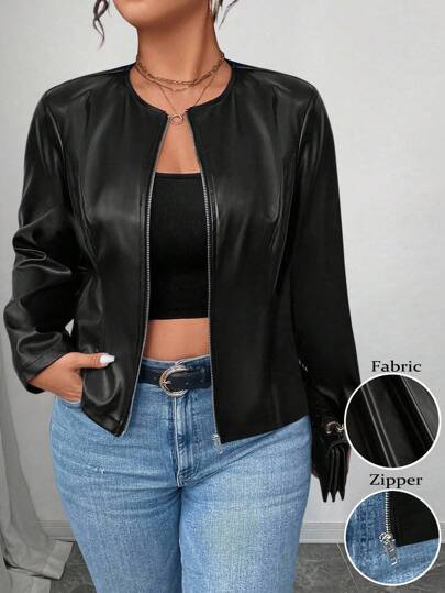 SHEIN EMERY ROSE CURVE Chaqueta clásica y versátil de PU para mujer de talla grande, serie petite