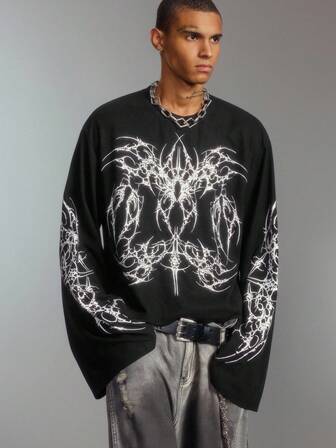 Goth Men's Gothic Print Waffle Fabric Pullover Sweatshirt, Autumn/Winter, Halloween