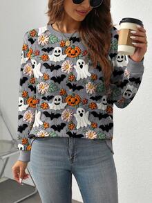EMERY ROSE Plus Size Halloween Ghost Pumpkin & Bat Print Raglan Long Sleeve Sweatshirt Fall Cloth For Women Winter Autumn - Multicolor - View 4