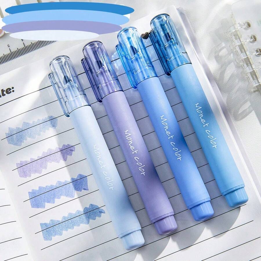 4 niebieskie zakreślacze Morandi, miękkie w dotyku, nieblaknące, tusz na bazie wody, okrągła główka, odpowiednie do artykułów biurowych, pisania i korekcji, notatników i szkicowania