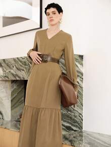 Uhlyne Women's Vintage V-Neck Commuter Dress, Old Money Style, Basic V-Neck Long Sleeve Fitted Sexy Elegant Pleated Hem With Zipper Fall Cloth For Women