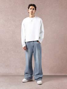 SUMWON 超阔腿喇叭牛仔裤 经典 Y2K 滑板风高腰宽松阔腿裤 街头风长款休闲秋冬裤 纯色 - 淺藍色 - 查看 3