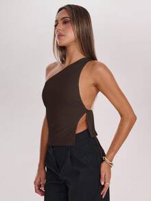 SHEIN BAE Women's Solid Color Metal Ring Decor Sleeveless Crop Top,Brown Top