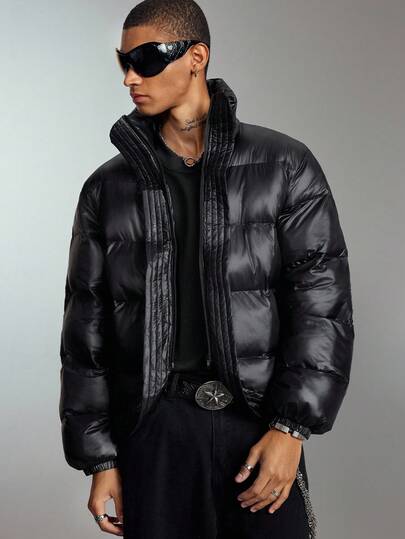 Street Life Men's Casual Solid Color Stand Collar Zip-Up Padded Coat, Winter , Fall