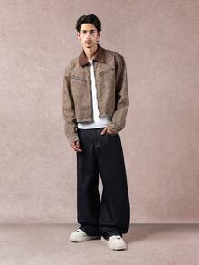 SUMWON Áo khoác denim cổ bẻ màu nâu cổ điển, áo khoác ngoài cổ điển, giặt ủi, phong cách đường phố, thường ngày, thu đông, áo khoác jean miền Tây có khóa kéo phía trước - màu nâu - Xem 6