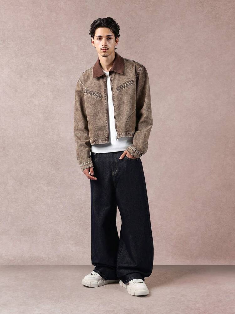 Washed Denim Trucker Jacket With Brown Collar