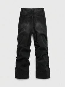 ROMWE MEN Street Life Men's Fashion Cross Rhinestone Embellished Pocket Jeans - Black - View 2