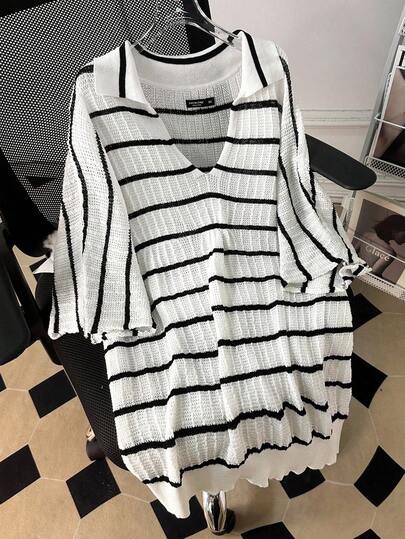 SHEIN Lacomfia 大码女式休闲日常简约条纹 V 领轻薄套头衫，秋季