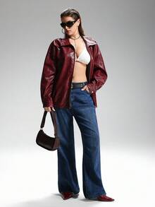 SHEIN EZwear 秋冬大码休闲街头风格哑光勃艮第仿鳄鱼皮夹克 - 酒紅色 - 查看 7