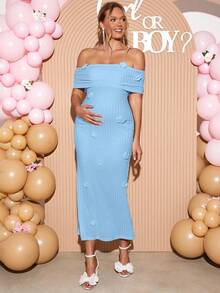 Loomaby Robe élégante pour soirée avec épaules dénudées, couleur unie avec décoration florale 3D, pour femmes enceintes