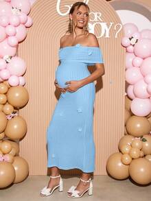 Loomaby Robe élégante pour soirée avec épaules dénudées, couleur unie avec décoration florale 3D, pour femmes enceintes