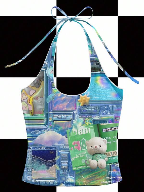 Y2Kool BiGraphic Débardeur chic à encolure bâtière multicolore Frutiger Aero Pixel Tech Aesthetic dessin animé Bear Y2K Streetwear, convient pour les fêtes d'automne/hiver, les rassemblements, le port quotidien