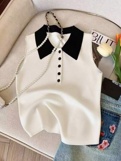 INAWLY Plus Size Women's Minimalist Fashion Polo Neck Vest