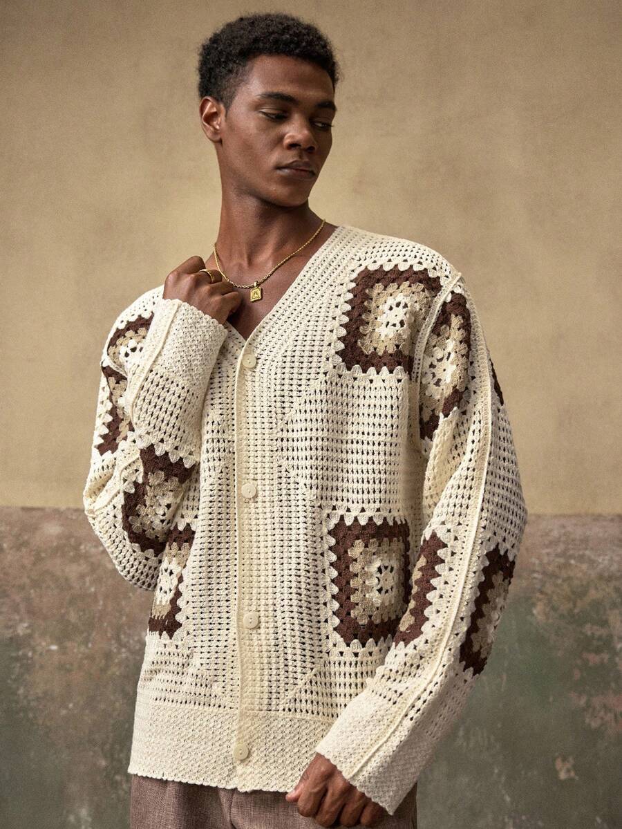 AKNOTIC 男士休闲撞色针织开衫，秋冬 - 彩色 - 查看 1