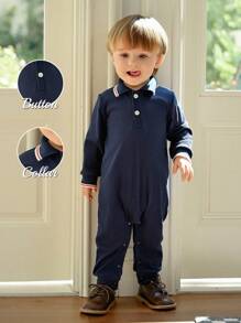 Souflis Souflis 1 Stück Minimalistischer Polokragen Rippstrick Langarm Jumpsuit für Säuglinge, Marineblau, Herbst/Winter Marineblauer Baby Jungen Jumpsuit Baby Jungen Jumpsuit Baby Jungen Kleidung Jungen Kleidung für Babys - Königsblau - Übersicht 2