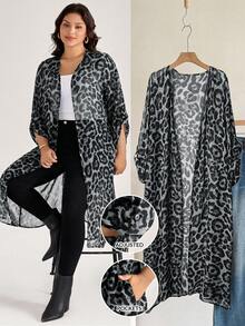 SHEIN LUNE Plus Size Women Leopard Print Lightweight Adjustable Sleeve Long Jacket - Grey - View 1