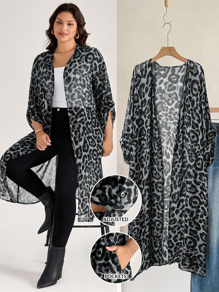 SHEIN LUNE Plus Size Women Leopard Print Lightweight Adjustable Sleeve Long Jacket - Grey - View 1