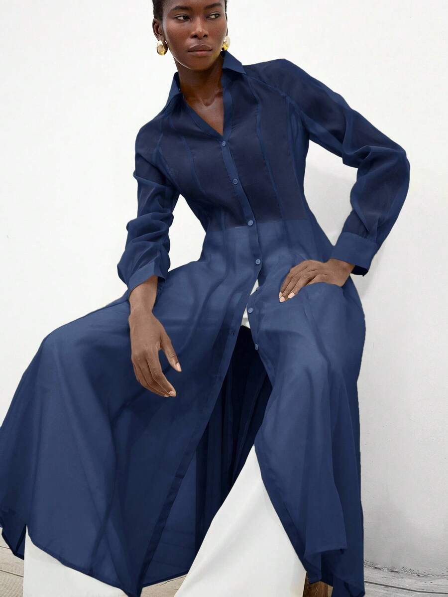 Aveloria Modichic فستان قميص ماكسي أنيق وجذاب من قماش شفاف مزخرف، بياقة على شكل حرف V وأكمام منتفخة طويلة، خصر مربوط، تصميم مطوي معقد للنساء