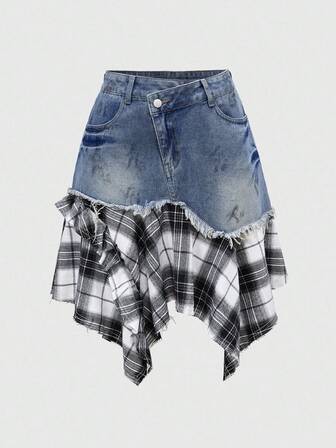 Grunge Punk Minifalda de mezclilla asimétrica con parches de cuadros y estilo romántico punk y universitario para mujeres de Kpop
