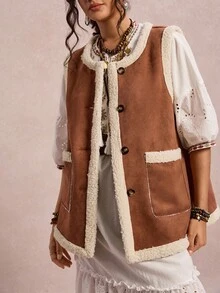 Freevana Gilet in camoscio e pile per donne taglie forti, casual per vacanze