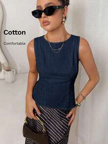 Lavishia Áo sơ mi công sở cổ điển ôm vừa vặn bằng vải lanh trắng thắt nút tre - Màu xanh hải quân - Xem 6