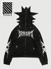ROMWE MEN Goth Men's Sparkling Diamond Antennae Shaped Hoodie , Fall - Black - View 1