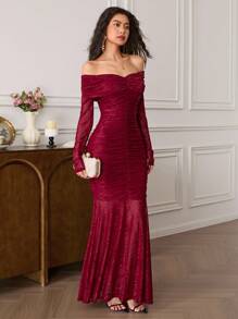 EastFlair Women's Floral Print Off Shoulder Elegant Dress,Prom Dress,Fall Wedding Guest Dress