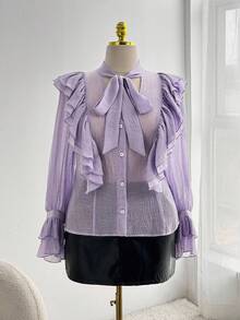 Sweetra Plus Size Women's Elegant Romantic Ruffle V-Neck Long Sleeve Front Button Bowknot Poet Blouse, Spring/Autumn - Purple - View 2