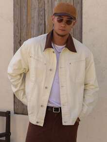 DAZY Men's Autumn Colorblock Button Front Pocket Long Sleeve Denim Jacket - Khaki - View 3