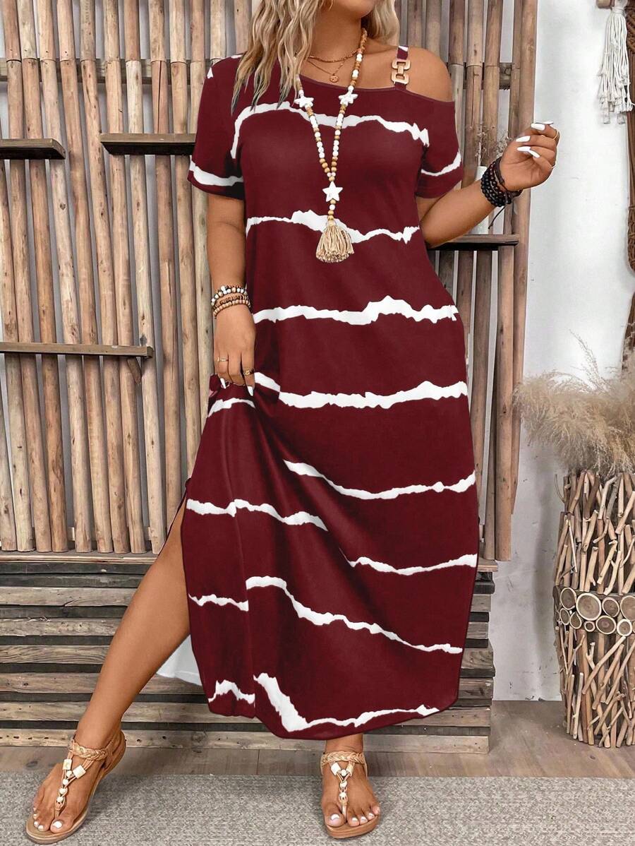 EMERY ROSE Plus Size Women's Casual Striped Minimalist Daily Dress, Asymmetric Neckline Side Slit Pocket Dress. Women's Long Dress, Extra Long Loose Vacation Style Dress