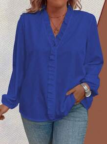 Women's Plus Size Solid Color Simple Daily Wear Long Sleeve Shirt Fall Cloth For Women - Blue - View 3